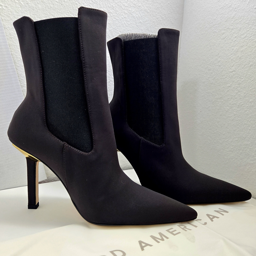 Good American Chocolate Brown Heeled Boots with Gold Accent 7.5